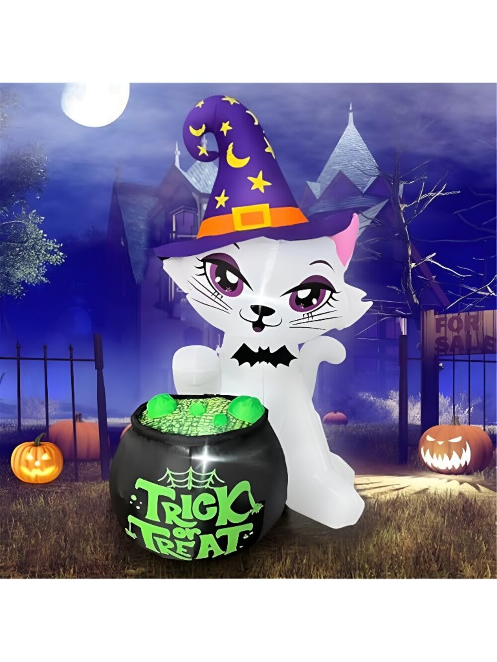 5Ft Halloween Inflatables Cat with Witch Cauldron Decoration, Blow Up Yard